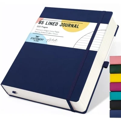 Abbildung von STATIONERY ISLAND B5 liniertes Notizbuch, 320 Seiten dickes Tagebuch, Hardcover mit 100 g/m² zum Schreiben, Arbeiten, Lernen, Tage buch, Dunkelblau