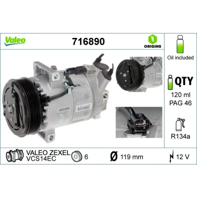 Abbildung von VALEO 716890 Kompressor VCS14EC 12 PAG 46 R 134a mit Kompressoröl