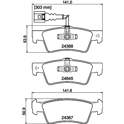 Abbildung von HELLA 8DB 355 013 841 Bremsbelagsatz mit integriertem Verschleißwarnkontakt VOLKSWAGEN: Transporter 5 Bus, Multivan (7HM, Kastenwagen