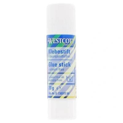 Abbildung von Westcott Klebestift 20g Bastelkleber mit 2cm transparentem Klebestreifen Klebt stark und dauerhaft 100% lösungsmittelfrei Bei 30 abwaschbar E 730372 00