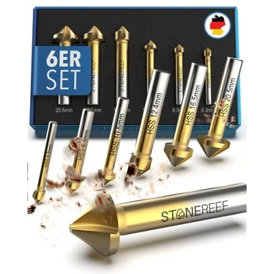 Abbildung von STONE REEF Kegelsenker Set Profi aus HSS Stahl [6 teilig inkl. Aufbewahrungsbox] Senker Metall, Set, Senkbohrer Holz, Versenker, Holzsenker