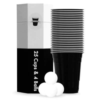 Abbildung von RedCupShop® Partybecher Set 25 Black Cups &amp; 4 Bälle Spülmaschinenfest Wiederverwendbar 473ml/ 16oz schwarze Becher