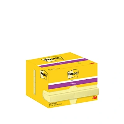Abbildung von Post it Super Sticky Notes, Packung mit 12 Blöcken, 90 Blatt pro Block, 47,6 mm x 73 mm, Farbe: Gelb Extra stark klebende Notizzettel für Notizen, To Do Listen und Erinnerungen