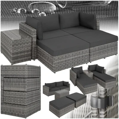 Abbildung von tectake® Rattan Gartenmöbel Set, Variables Lounge Möbel für 4 oder 2 Personen, Ecksofa, Liege, großes Sofa mit Tisch als Doppelliege, Balkonmöbel Outdoor, Terrassenmöbel (hellgrau/dunkelgrau)