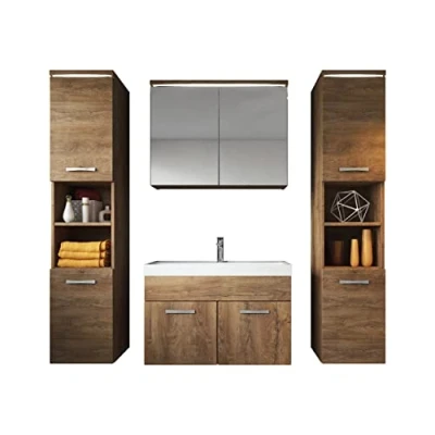 Abbildung von Badezimmer Badmöbel Set Paso XL LED 80cm Braun Eiche Unterschrank 2X Hochschrank Waschbecken Möbel
