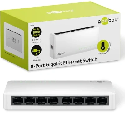 Abbildung von goobay 64564 Gigabit Ethernet Netzwerk Switch 8 Port / LAN mit max. 1000 Mbit/s Lüfterloses Design Plug &amp; Play Anwendung Optimierter Datenverteiler Weiß