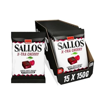 Abbildung von SALLOS x tra Cherry Vorrats Pack Lakritz Bonbons mit Kirsch Füllung, aus natürlichem Süßholzsaft, würzig fruchtige Kombination, vegan, im Pack, 15 150 g
