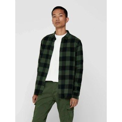 Abbildung von Kariertes Holzfäller Hemd Basic Langarm Flanellhemd Freizeit Karo Slim Fit Shirt Baumwolle ONSGUDMUND, Farben:Khaki, Größe Hemd:L