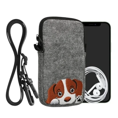 Abbildung von kwmobile Handytasche für Smartphones L 6,5&quot; Filz Handy Hülle Braun Weiß Grau Tasche mit Kette 16,5 x 8,9 cm Innenmaße Neugieriger Hund