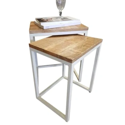 Abbildung von Amago home Beistelltisch Holz Satztisch Set 2 Stück Wohnzimmer Couchtisch Gestell Metall massiv Farbe reinweiß Tabacco