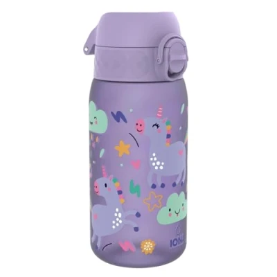 Abbildung von ion8 Kinder Trinkflasche, 350ml, Auslaufsicher, Einhandöffnung, Sichere Verriegelung, Spülmaschinenfest, BPA frei, Tragegriff, Klappdeckel, Leicht zu Reinigen, Klimaneutral, Helllila Einhörner