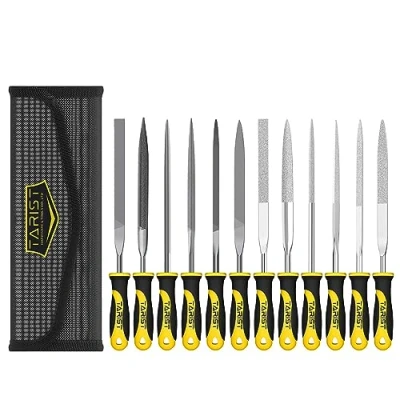 Abbildung von TARIST Nadelfeilen, Schlüsselfeilen 12tlg mit Werkzeugtasche, Kleine Feilenset enthält 6 Nadelfeilen Metall und Diamant für Metall, Juwelier, Holz, Speckstein Kunststoff