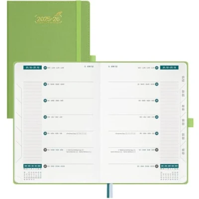Abbildung von BEZEND 18 Monate Kalender 2025 2026 Terminplaner (Juli 25 Dez 26), Wochenplaner A5 1 Woche 2 Seiten mit Spalten, Buchkalender 25/26 Hardcover, Fruchtgrün