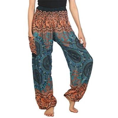 Abbildung von Lofbaz Damen Haremshose mit gesmoktem Boho Hosen Rose 2 Teal Grün Size XL