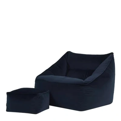 Abbildung von Icon Natalia Sitzsack Sessel mit Hocker, Dunkelblau, Samt, Riesen Sitzpuff, für Erwachsene Füllung, Wohnzimmer, Schlafzimmer