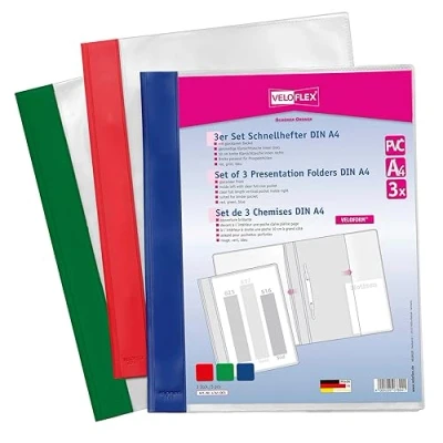 Abbildung von VELOFLEX 4741003 Schnellhefter VELOFORM, 3 Stück, DIN A4, PVC, glasklarer Vorderdeckel, passend für Prospekthüllen, grün rot blau