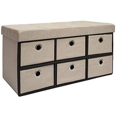 Abbildung von DuneDesign Faltbare Sitzbank 76x38x38cm inkl. 6 Schubladen Sitztruhe 80L Polsterbank Ottomane Leinen Beige Grau