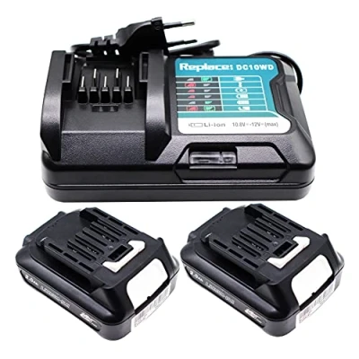 Abbildung von GOLEMON® 2 Stück 2.0 Ah BL1021B Akku mit Ladegerät DC10WD Für Makita 10.8V 12V DC10SB DC10WC; Elektrowerkzeuge Batterie BL1016 BL1015 BL1041B BL1040B BL1020B DF031D TD110D JR103D JR105D HP332D