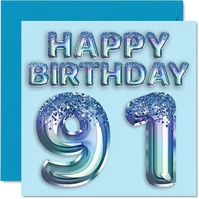 Abbildung von Stuff4 Geburtstagskarte zum 91. Geburtstag für Männer Blauer Glitzer Partyballon Happy Birthday Karten 91 Jahre alten Mann, Großvater, Vater, Oma, 145 mm x mm,