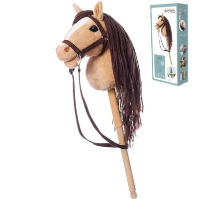 Abbildung von HOPPIHORSE Steckenpferd mit Trense A4 Hobby Horse Zügeln, Schultergurt, Schweif hochwertiges Plüsch Langer Mähne Silikongriff für besseren Halt Geschenkverpackung