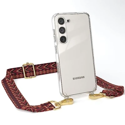 Abbildung von EAZY CASE Handykette Verstellbarer Trageriemen kompatibel mit Samsung Galaxy S23, Schulterriemen, Festivalbag transparentem Cover, zum Umhängen, Rot/Braun Schnalle Gold