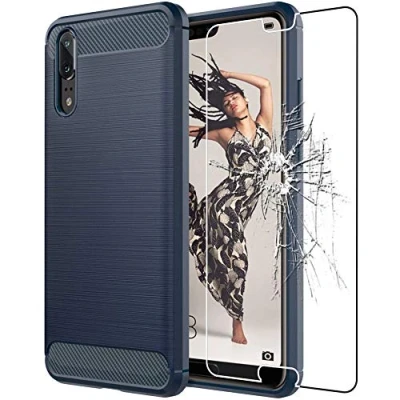 Abbildung von ebestStar Hülle für Huawei P20, Silikon Handyhülle Cover, Carbon Fiber Texture Schutzhülle, Dunkelblau + Panzer Schutz Glas