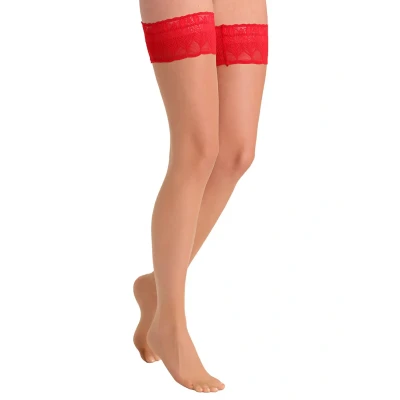Abbildung von Falke Lunelle 8 Denier STAY UPS Ultratransparent Shiny Overkneestrümpfe, Damen, Größe: Large, Pow/red