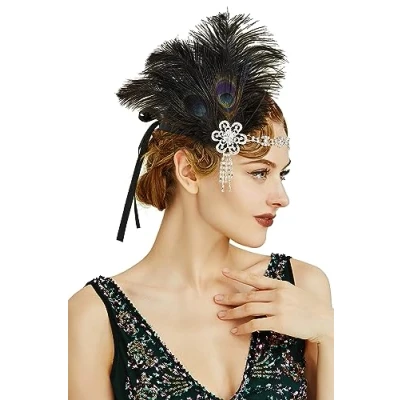 Abbildung von BABEYOND 1920s Feder Stirnband 20er Jahre Stil Art Deco Flapper Haarband Great Gatsby Damen Kostüm Accessoires Schwarz