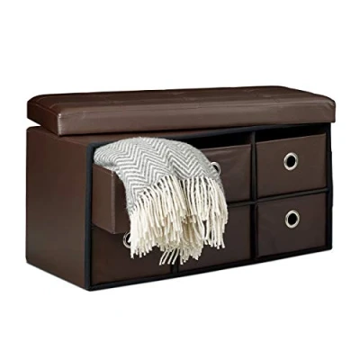 Abbildung von Relaxdays faltbare Sitzbank mit Stauraum in 6 entnehmbaren Fächern HBT: 38 x 76 cm Sitztruhe aus Kunstleder zum Falten Aufbewahrung Ottomane Körben Sitzhocker, braun