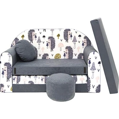 Abbildung von All4All Kindersofa Klappsofa Schlafsofa 3in1 Velo Spielsofa für Kinder Sofa zum Aufklappen mit Pouf faltbar Schlafen Schaumstoff (AX1 Grau + Igel)