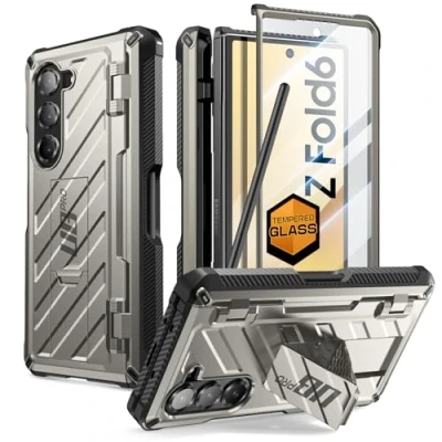 Abbildung von SUPCASE für Samsung Galaxy Z Fold 6 Hülle mit S Pen Halter (Unicorn Beetle Pro), [Mit Displayschutz aus gehärtetem Glas] Handyhülle Bumper Case Robust Schutzhülle Ständer (Grau)