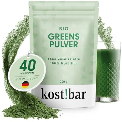 Abbildung von kost!bar BIO Greens Pulver [Superfood Pulver] ohne Aromen und Zusatzstoffe glutenfrei 5 hochwertige Grassaftpulver aus Gerstengras, Weizengras, Alfalfa, Kamut Khorasan, Hafergras Smoothie