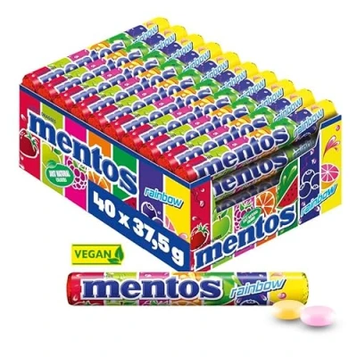 Abbildung von Mentos Rainbow Dragees, Frucht Bonbons mit Orange, Erdbeer, Apfel, Heidelbeere, Himbeere, Melone &amp; Grapefruit Geschmack, Multipack (40 Rolle), vegan