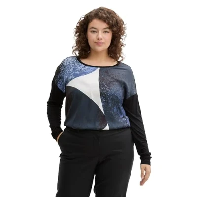 Abbildung von TOM TAILOR Damen Plussize Longsleeve mit Print, 14482 Deep Black, 48