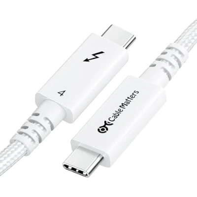 Abbildung von Cable Matters [Intel zertifiziert] 40 Gbps Braided Active Thunderbolt 4 Kabel 2m, mit 100W Ladeleistung / 8K Video Weiß vollständig kompatibel 3, USB USB4 USBC Port