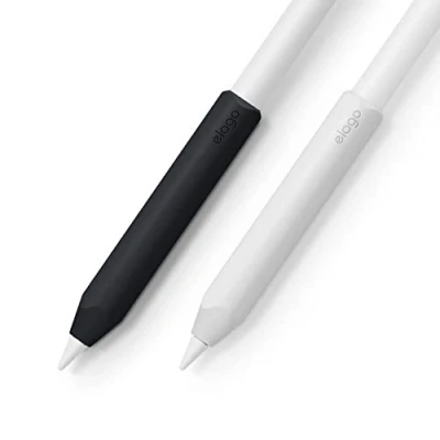 Abbildung von elago Silikongriff [2 Pack] kompatibel mit Apple Pencil 2. und 1. Generation, Halterung aus hochwertigem Silikon, magnetischem Laden Double Tap (weiß/schwarz)