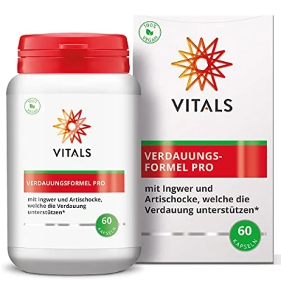 Abbildung von Vitals Verdauungsformel Pro 60 Kapseln, mit Ingwer und Artischocke, welche die Verdauung fördern, kombiniert Feigenkaktus Olivenblatt. 100% vegan. Durch Humanstudien belegte Wirkung.