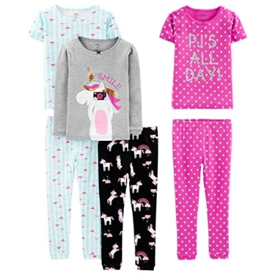 Abbildung von Simple Joys by Carter&#039;s Mädchen 6 Piece Snug Fit Cotton Pajama Set Pyjamaset, Blau Schildkröte/Grau Meliert/Rosa Tupfen/Schwarz Einhorn, 3 Jahre (3er Pack)