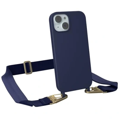 Abbildung von EAZY CASE Handykette mit breitem Band kompatibel iPhone 15 dünne Handyhülle für Hülle Silikon stoßfester Fallschutz Kette zum Umhängen in Nacht Blau Clips Gold