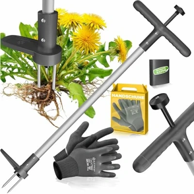 Abbildung von KESSER® Unkrautstecher mit Stiel Unkrautentferner T Griff &amp; Fußpedal Gartenwerkzeug effizientes Entfernen von Unkraut 3 Stahlzähne Sprungfeder Wurzelentferner Handschuhe Schutzkappe