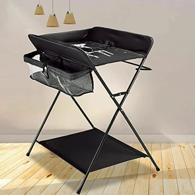 Abbildung von Klappbare Wickelkommode höhenverstellbar Klappwickeltisch mit/ohne Rollen, Mobile Wickeltisch mit Wickelauflage, Sicherheitsgurt und Ablagefächern Geeignet für Babys Kleinkinder (c)