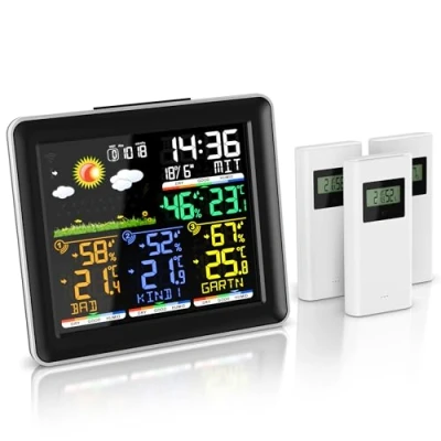 Abbildung von Brandson Wetterstation Funk mit Außensensor Farbdisplay DCF Empfangssignal Funkuhr Innen und Außentemperatur Wettervorhersage Temperatur Luftfeuchtigkeit Luftdruck 3 x
