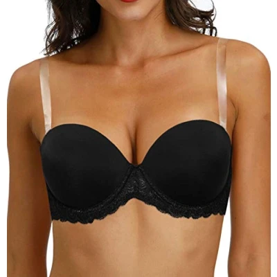 Abbildung von Damen Trägerloser Bügel BH mit Spitze Neckholder Übergröße Schwarz 80G