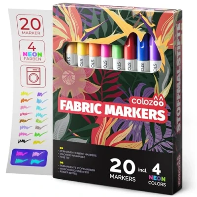 Abbildung von colozoo Stoffmalstifte 20er set: 4 Uv Neon Und 16 Textilstifte Waschmaschinenfest Textilmarker Für Textil, Polyerster, Beutel, T shirt, Papier Sonstige