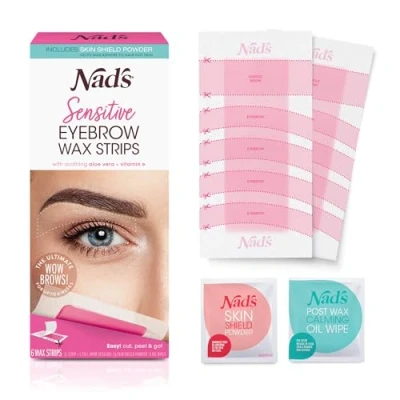 Abbildung von Nad&#039;s Eyebrow Wax Strips Facial Hair Removal for Women Kit with 6 Waxing + Calming Oil Wipes 2g Skin Protection Powder, 1 Count