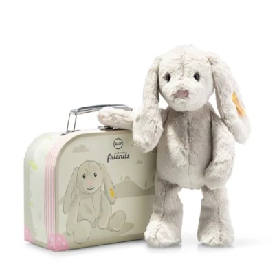 Abbildung von Steiff Kuscheltier Hoppie Hase im Koffer, Süßes Stofftier mit Kunststoffaugen, Kinder, Jungen &amp; Mädchen, Soft Cuddly Friends, Plüschtier 26 cm, Hellgrau, 080968