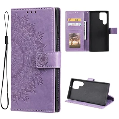 Abbildung von CoverKingz Handy Tasche kompatibel mit Samsung Galaxy S22 Ultra Handycase Kartenfach Handyschutzhülle Cover Smartphonehülle klappbar Motiv Mandala Lila