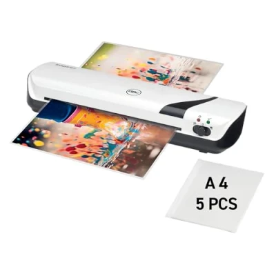 Abbildung von GBC Inspire+ A4 Laminiergerät, inkl. Starter Set mit 5 Laminierhüllen (2 x 75 Mikron), Für bis 125 mic Laminierfolien Format A4, Heiß und Kaltlaminierung, Weiß (4410031)