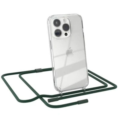 Abbildung von EAZY CASE Handykette kompatibel mit iPhone 15 Pro dünne Handyhülle für Hülle Band als Fallschutz Kette zum Umhängen transparente Silikon in Pinien Grün