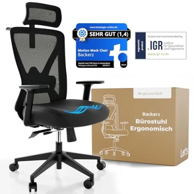 Abbildung von Backerz Bürostuhl Ergonomisch Bürostühle 150kg, TUV &amp; NEN 1335 Zertifiziert Office Schreibtischstuhl Chair Ergonomischer Computerstuhl Höhenverstellbar Rückenschonend Schwarz